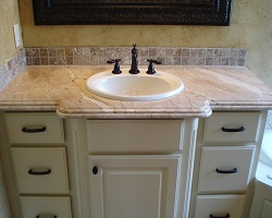 White-Varnished-Wooden-Simple-Bathroom-Vanity-With-Cream-Marble-Countertop-Also-White-Ceramic-Sink-Plus-Black-Iron-Small-Faucet-And-Black-Iron-Drawer-Handle